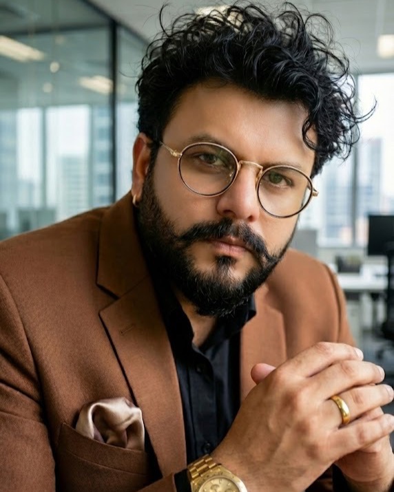Portrait of Niraj Choksi seated in an office, hands clasped
