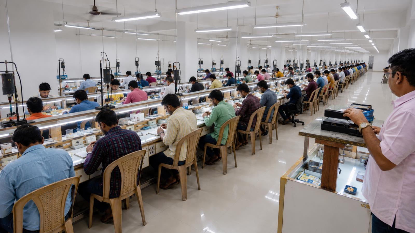The DVNJEWELRY manufacturing floor, rows of craftspeople working at lit benches