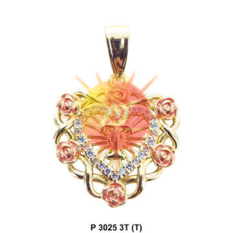 A gold heart pendant with rose detailing and set stones