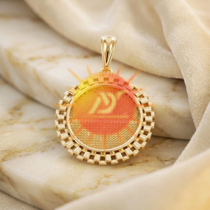 A round gold pendant with a beaded border