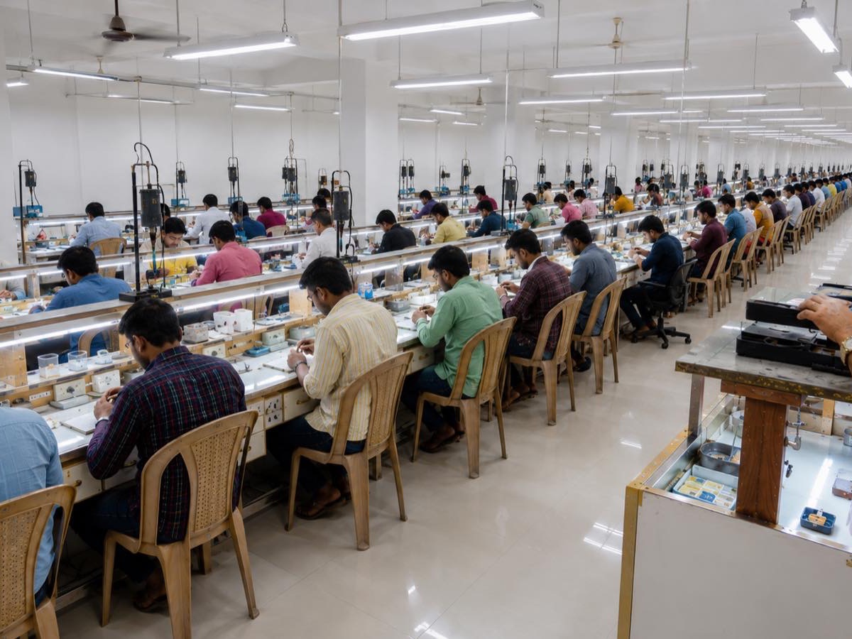 Rows of jewellers at work on a fine-jewellery manufacturing floor.